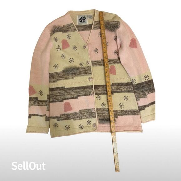 Storybook Knits Women's XS Cream Pink and Gray Embellished Cardigan Sweater - Picture 4 of 6